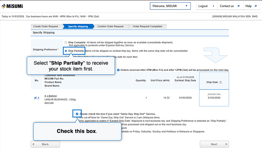 Select 'Ship Partially' to receive your Stock items first.